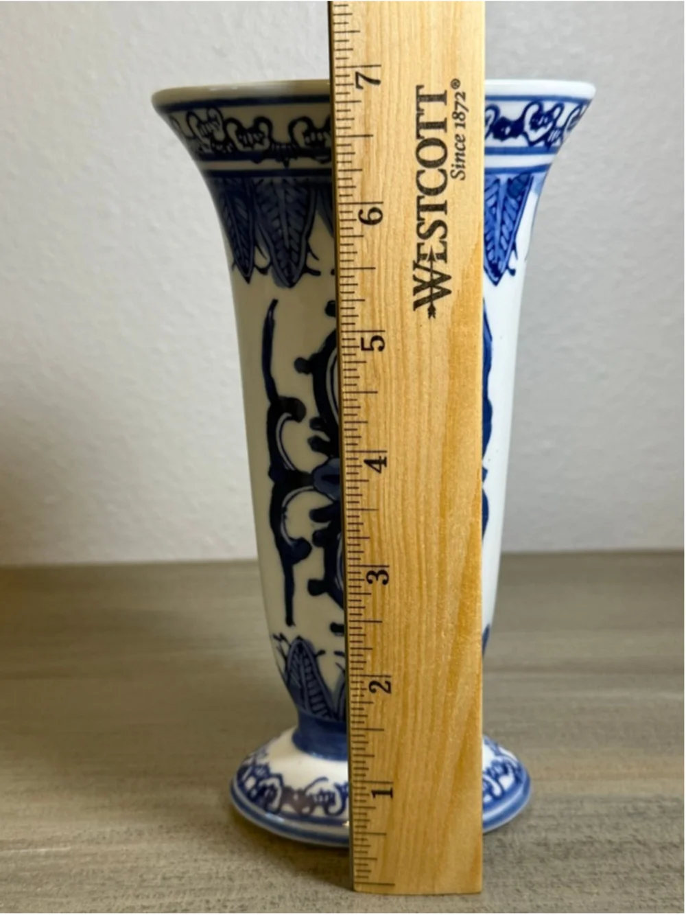 Vintage Japanese Porcelain Vase Decorated in Blue White Floral Trumpet Shape